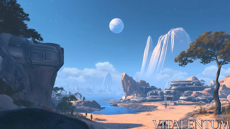 Alien Bazaar Sprawls Beneath Twin Moons and Crystalline Waterfalls