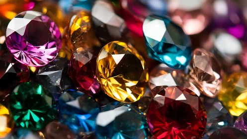 Multicolored faceted gemstones are arranged in close view