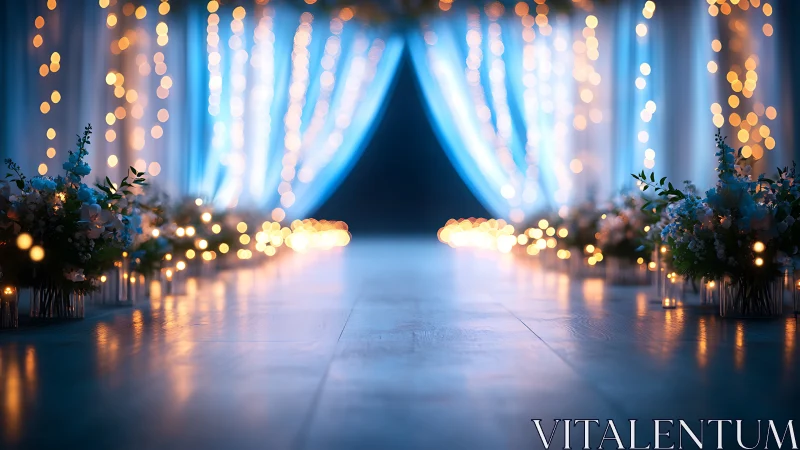 Softly glowing aisle with dreamy lights and gentle florals.