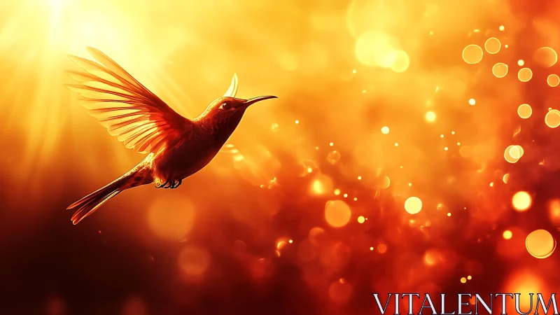 Radiant hummingbird in golden sunlight, dreamy bokeh background.