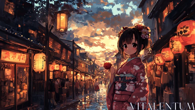 Kimono-clad girl stands in lantern-lit festival street at dusk