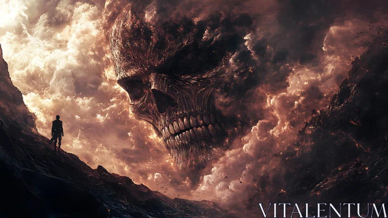 Storm-born skull titan looms over a lone wandering soul.