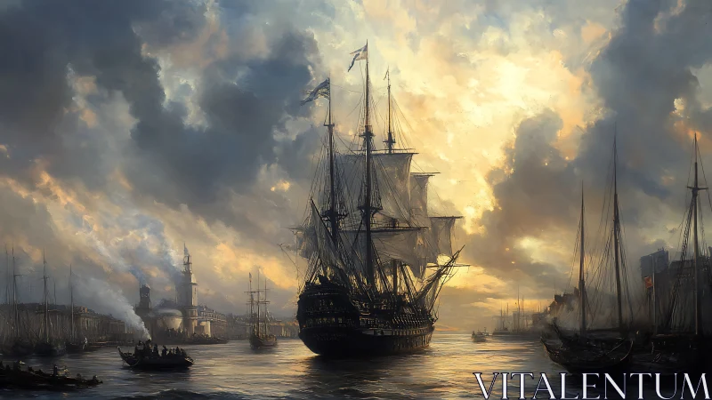 Tall ship under backlit storm clouds enters industrial harbor channel