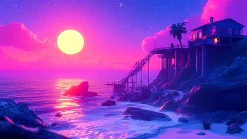 Dreamy neon sunset over a cozy cliffside beach hideaway.