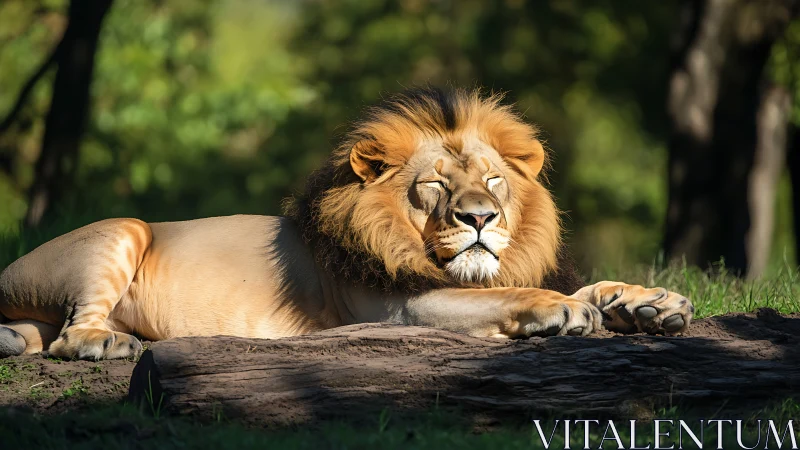 Sunlit lion king napping atop a woodland throne log.