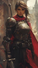 Scarlet-cloaked knight steadies her sword in stormlight stillness