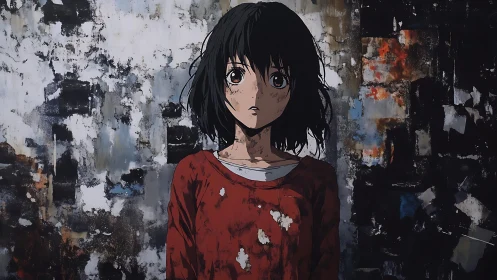 Young anime girl stands against decayed urban wall in silence
