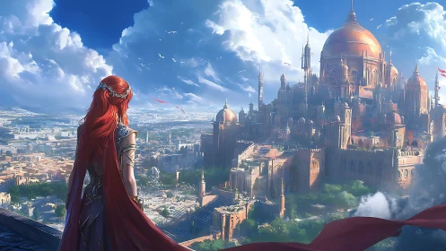 Red haired warrior overlooking vast sunlit fantasy city.