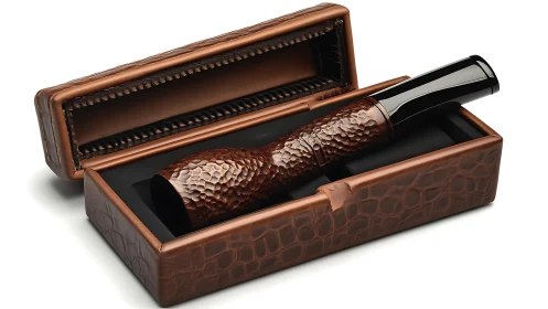 Hammered copper luxury fountain pen rests in leather case