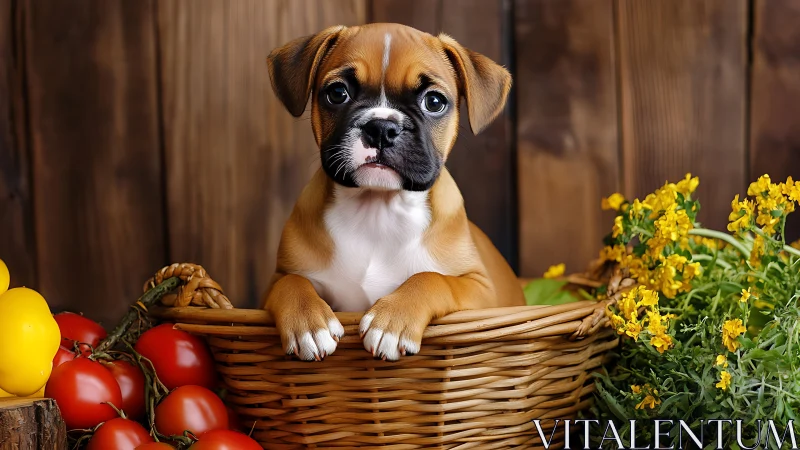 Brown puppy sits in wicker basket between tomatoes and flowers