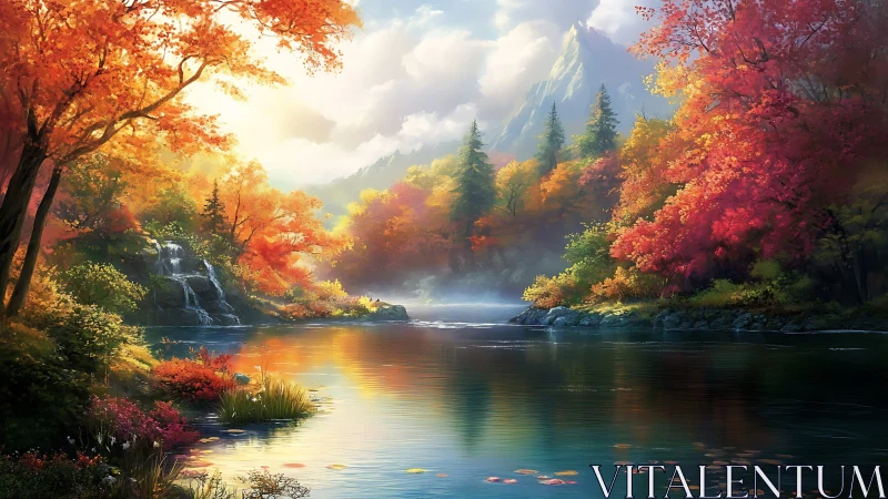 Golden autumn valley with tranquil reflective lake scene.