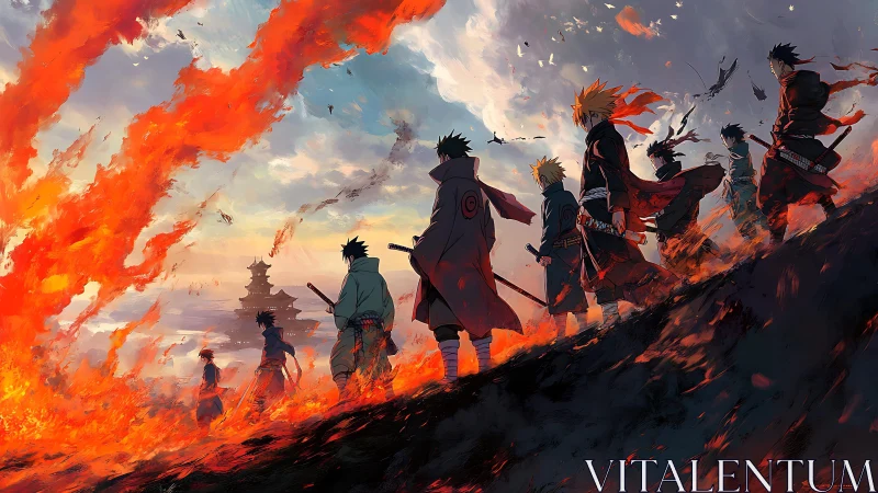 Samurai silhouettes advance through volcanic firestorm landscape
