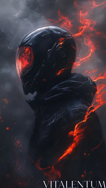 Ember-veiled cyber soldier in storm of molten sparks.