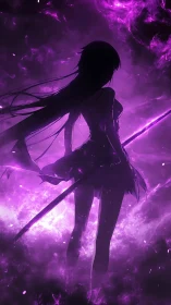 Shadowed anime warrior stands in glowing purple storm.