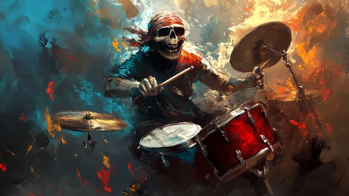 Skull-faced drummer unleashes fiery beats in vivid chaos