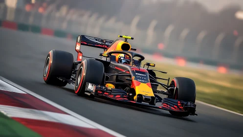 Scarlet-black rocket slingshots through the sunlit chicane