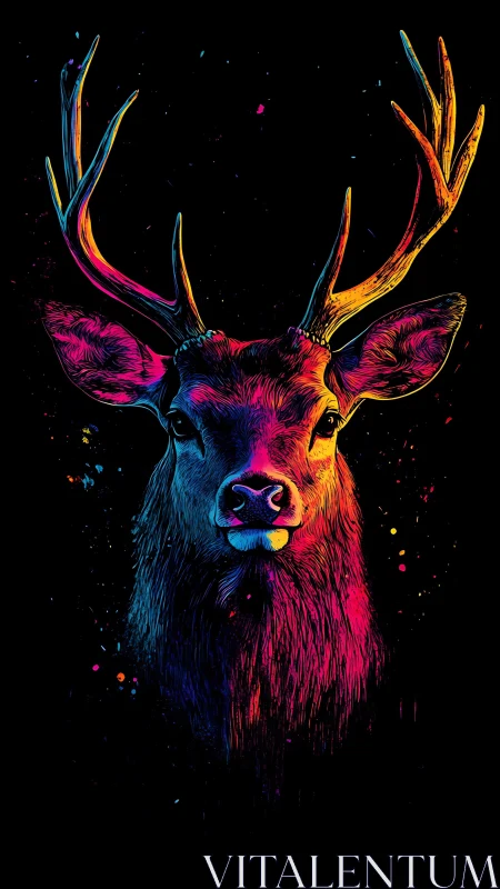 Neon stag portrait glowing softly against the midnight dark.