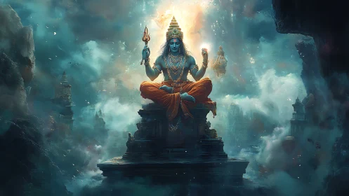 Mystic sky temple meditation with glowing celestial guide.