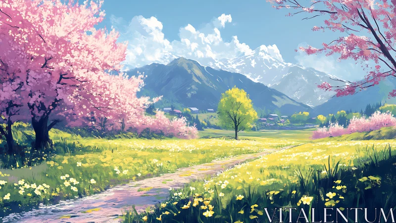 Spring meadow path leading toward peaceful mountain village.