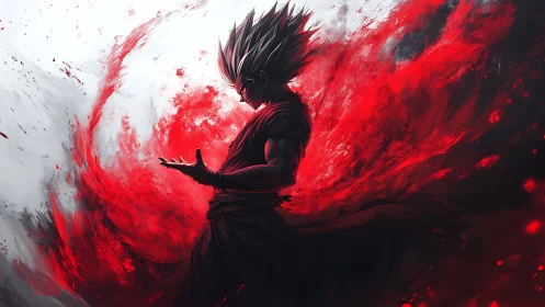 Warrior silhouette amid red energy vortex in digital art.