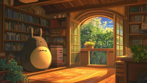 Gentle forest friend relaxing in a sunlit story-filled room.