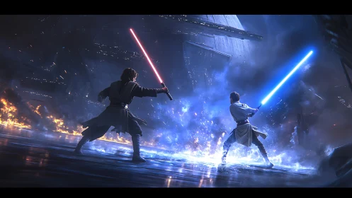 Duel on burning deck under towering starship ruin.