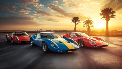 Three classic sports cars parked on coastal runway at sunset