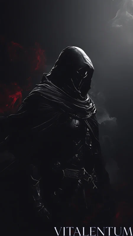 Dark hooded warrior stands in shadow with faint red glow.