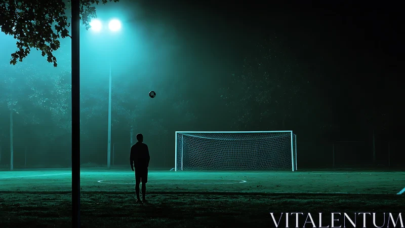Silhouetted soccer player stands before empty goal at night