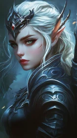 Elven warrior queen in obsidian armor, cold forest light.