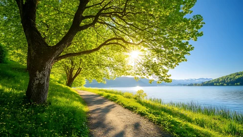 Tree-lined lakeside path is illuminated by low morning sun