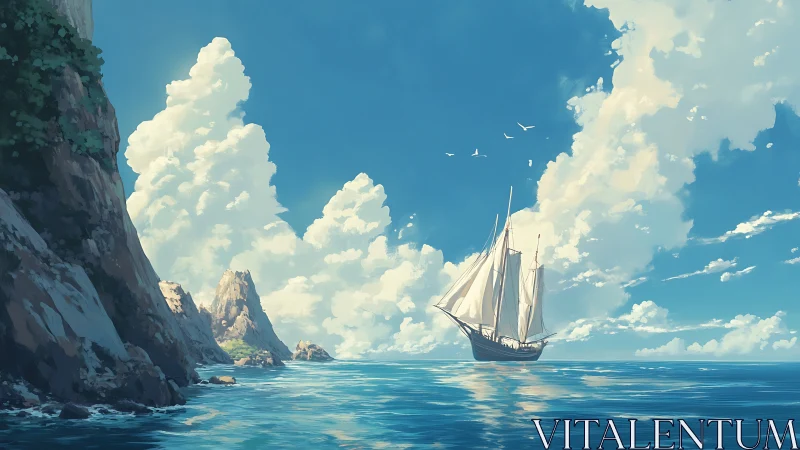 Tall ship sails past sunlit cliffs under towering clouds.