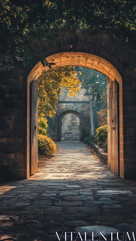 Sunlit stone archway invites a quiet walk into calm gardens