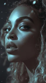 Icy teal portrait of woman in dramatic side lighting.