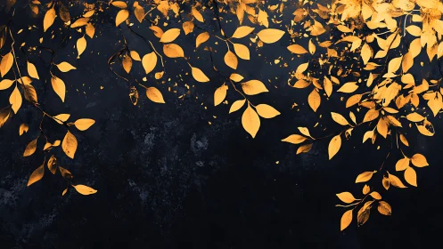 Golden leaves drifting softly across midnight blue sky.