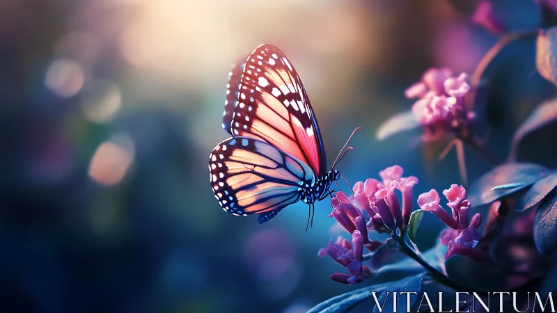 Butterfly rests on pink flowers in soft sunset lighting