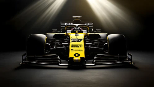 Yellow black Formula race car under dramatic spotlights.