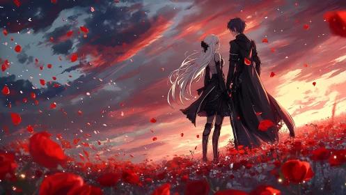 Anime couple in red flower field at dramatic sunset.
