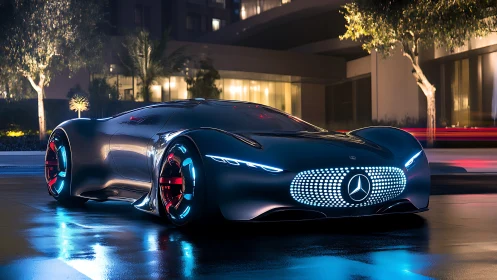Futuristic Mercedes concept car with neon grille at night.