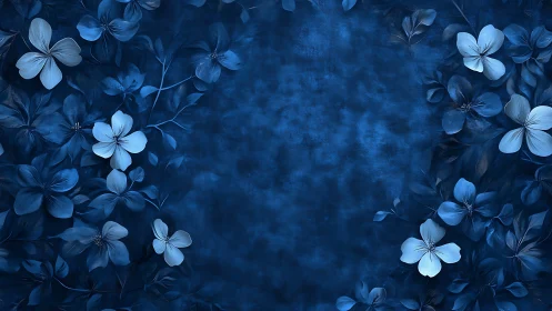 Monochromatic Blue Floral Composition with Textured Botanical Elements