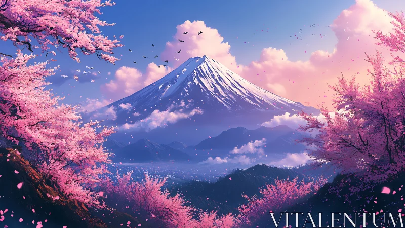 Cherry blossom clouds serenade a snow crowned mountain