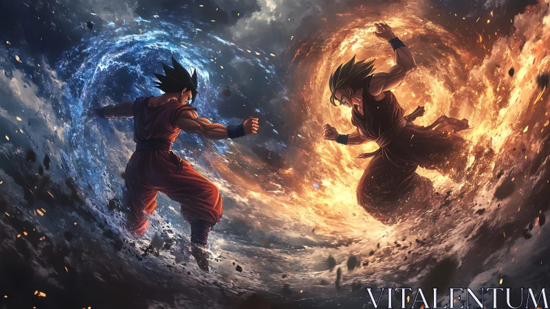 Elemental anime duel contrasts blue vortex and fiery maelstrom