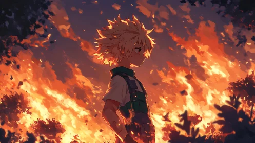 Blond-haired wanderer carves calm silhouette from wildfire sky