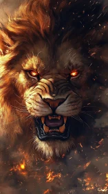 Infernal lion portrait merges hyperreal anatomy with flame
