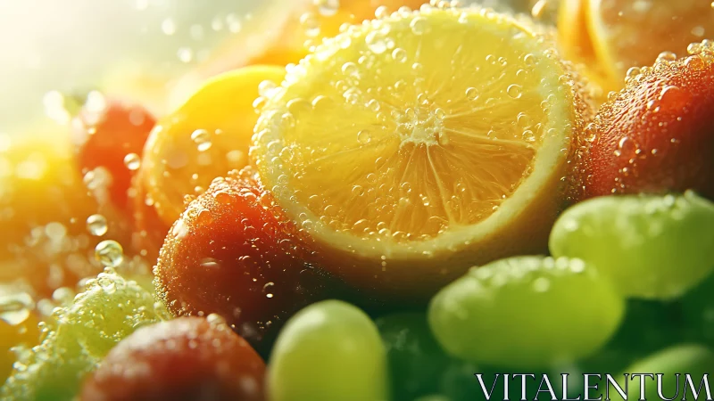 Citrus and mixed fruit slices submerged in carbonated liquid.