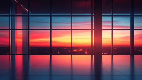 Panoramic glass atrium frames high-saturation urban sunset