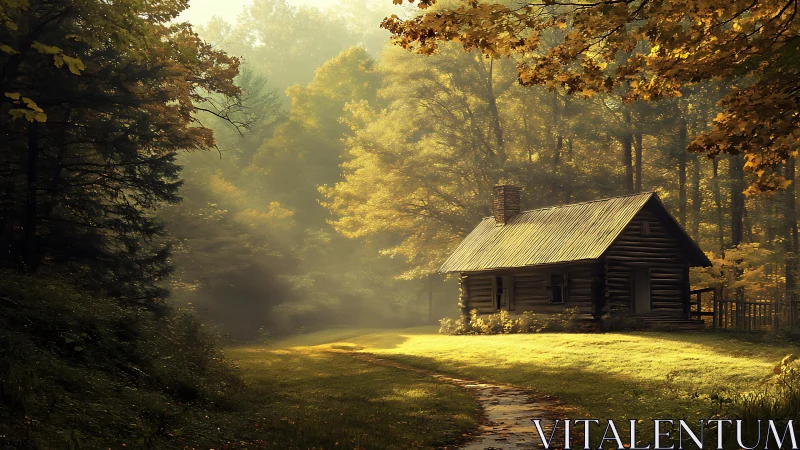 Cozy Woodland Cabin Bathed in Golden Autumn Light