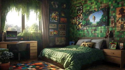 Cozy gamer bedroom with green decor and natural light.