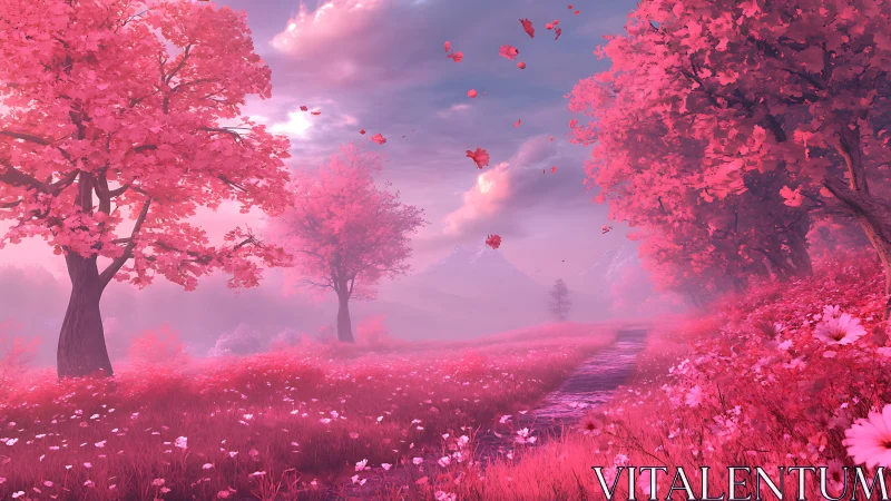 Pink trees line misty path through stylized mountain landscape