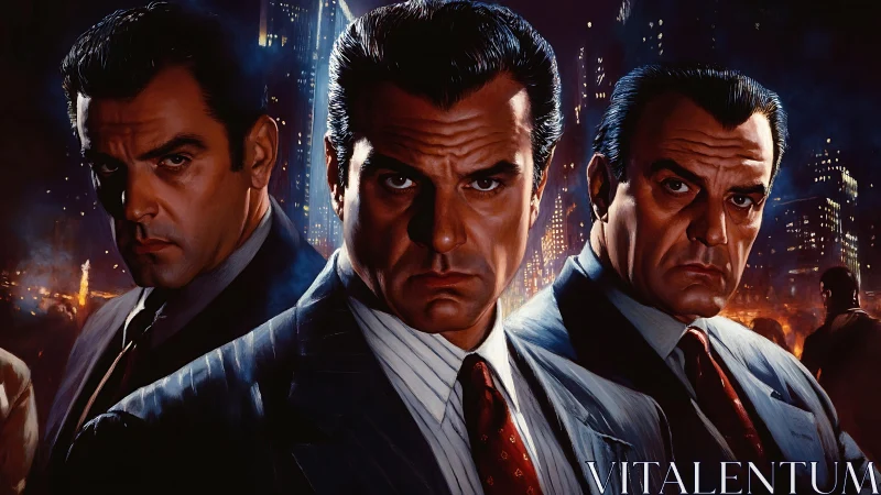Stoic crime bosses stand united against a glowing city night